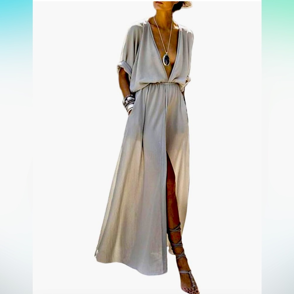 Women’s Size L Deep V High Slit Polyester Dress